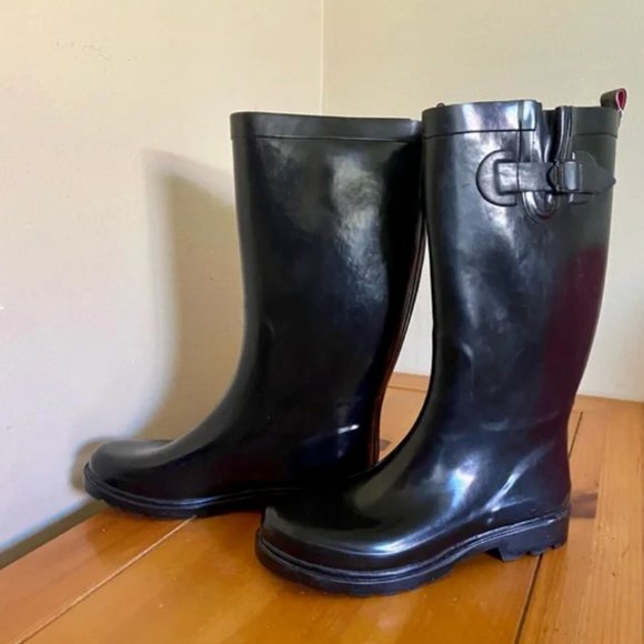 NWT CAPELLI Ladies Solid Black Tall Rubber Rain Boot - Picture 1 of 4